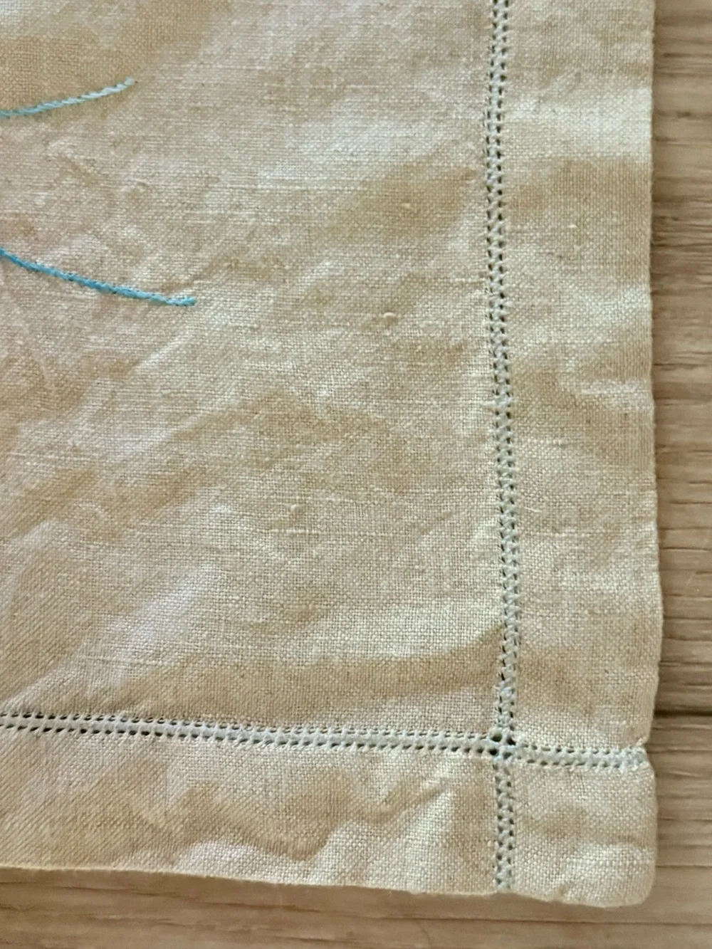 Natural Flax Linen Tablecloth Embroidered Blue Floral 64x80 EUC